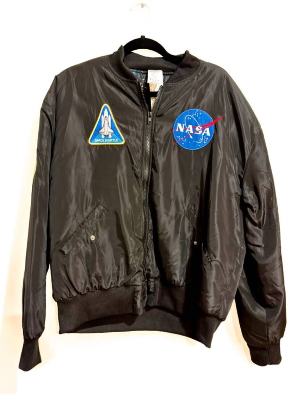 Black NASA MA1 Flight Jacket Space Shuttle Patches Bomber Jacket - Size M, Great